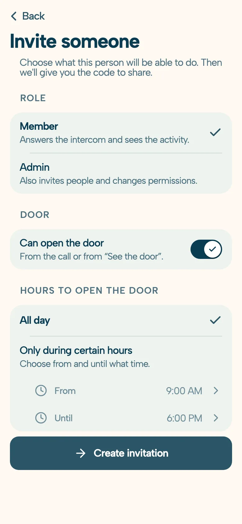 DoorLink app Invite someone screen: member or admin role, permission to open the door, and the hours to open it, all day or only from 9:00 AM to 6:00 PM