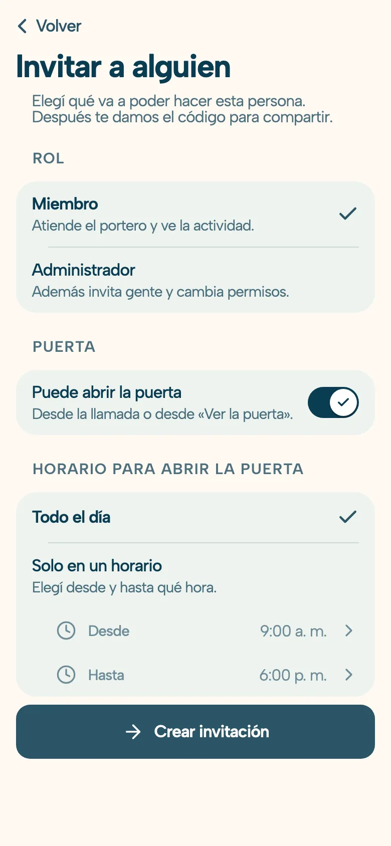 Pantalla Invitar a alguien de la app DoorLink: rol miembro o administrador, permiso para abrir la puerta y horario para abrirla, todo el día o solo de 9:00 a. m. a 6:00 p. m.
