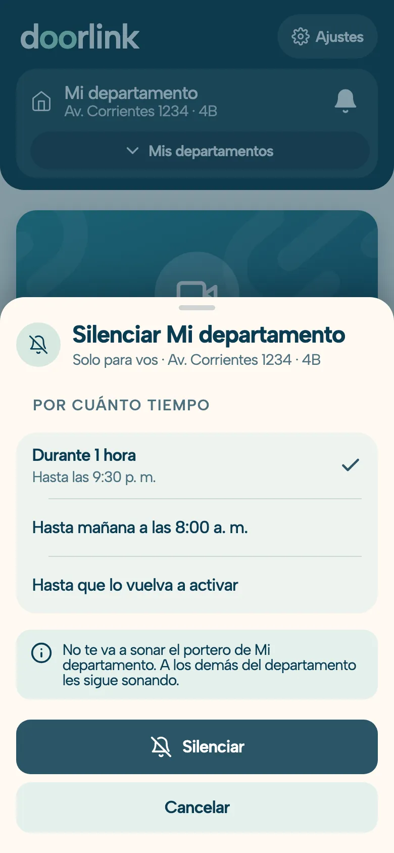 Pantalla Silenciar Mi departamento de la app DoorLink: durante 1 hora, hasta mañana a las 8:00 a. m. o hasta que lo vuelva a activar, con el aviso de que a los demás del departamento les sigue sonando