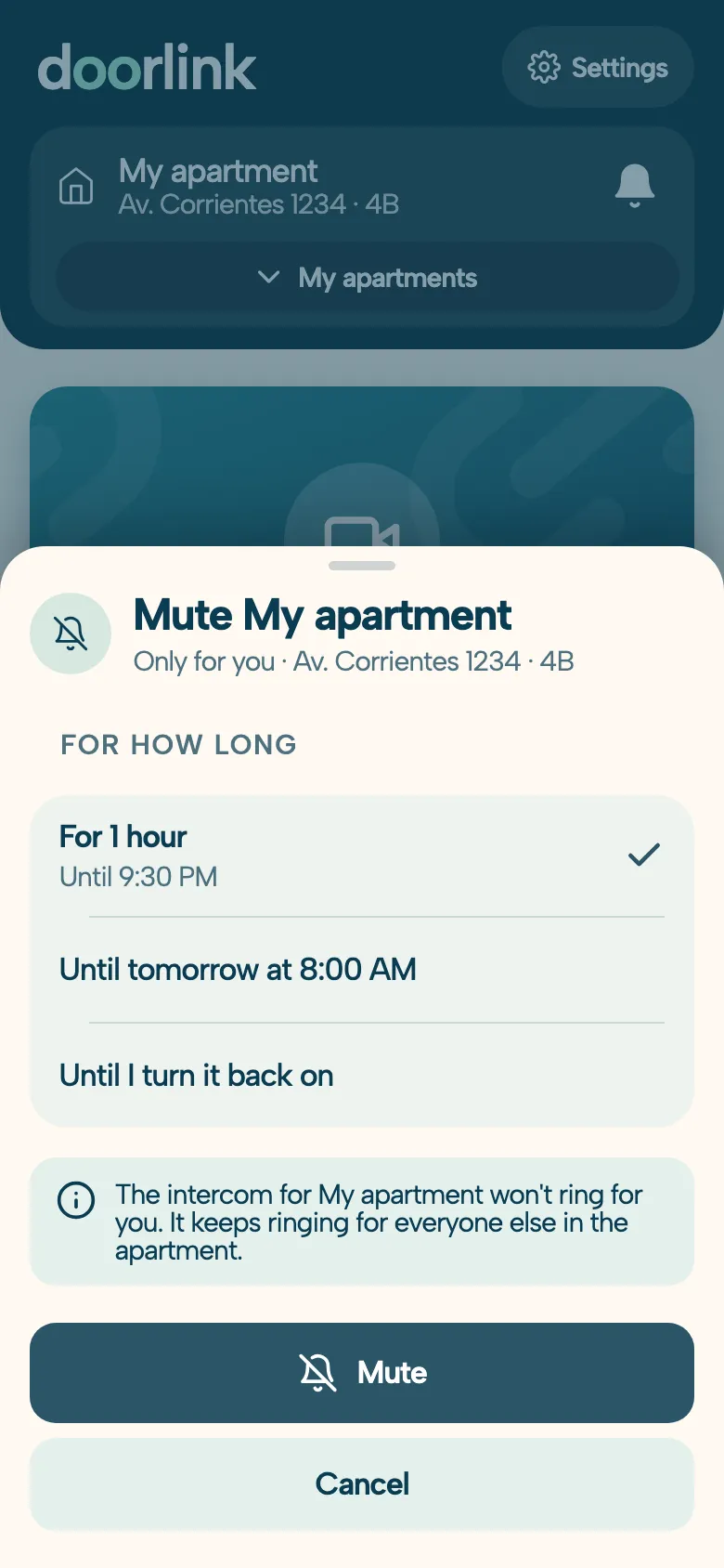 DoorLink app Mute My apartment screen: for 1 hour, until tomorrow at 8:00 AM, or until I turn it back on, with a note that it keeps ringing for everyone else in the apartment