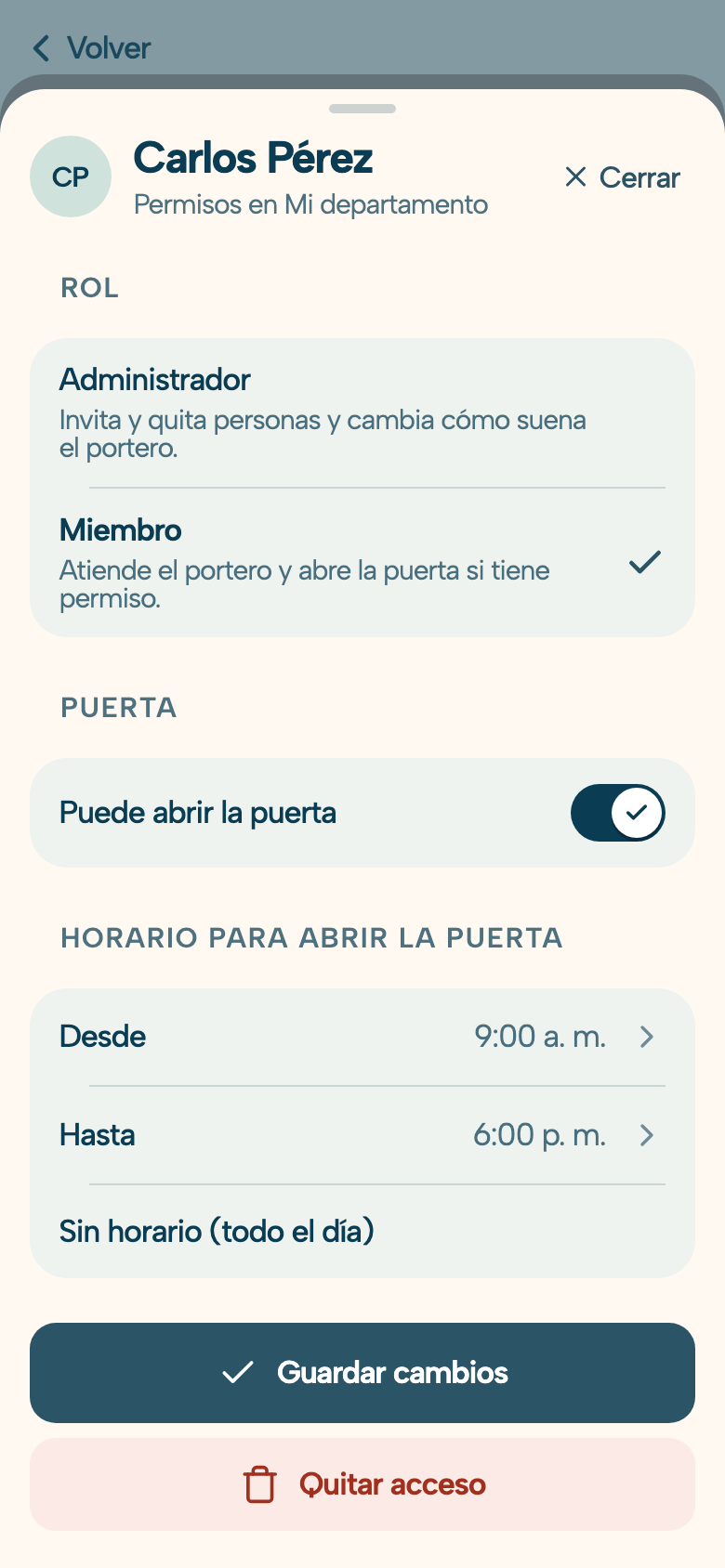 En DoorLink, quien administra la unidad maneja los permisos de cada residente desde la app: rol, si puede abrir la puerta, en qué horario, y el botón «Quitar acceso» para el día que alguien se muda.