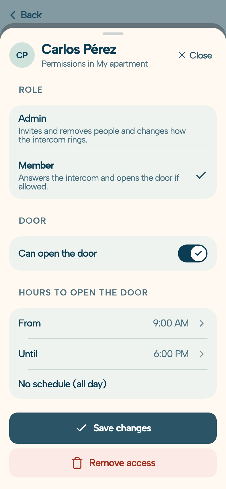 In DoorLink, whoever administers the unit manages each resident’s permissions from the app: role, whether they can open the door, during which hours, and the “Remove access” button for the day someone moves out.